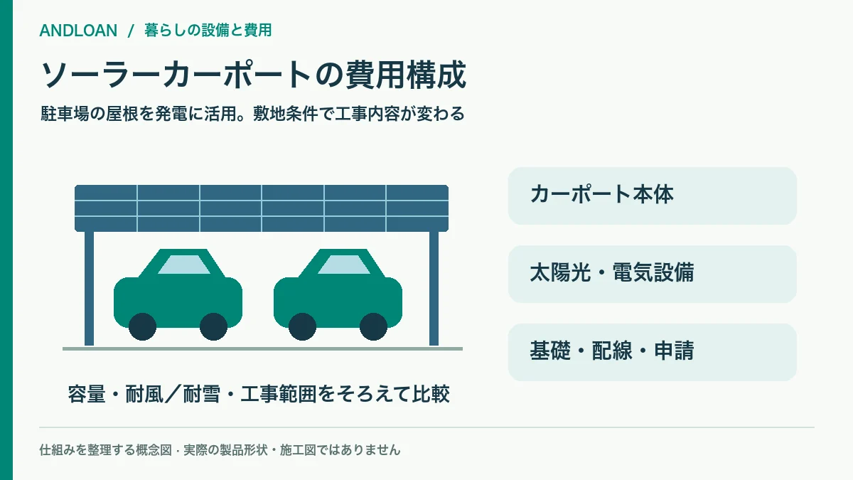 2台用ソーラーカーポートと本体・太陽光設備・基礎工事の費用構成図
