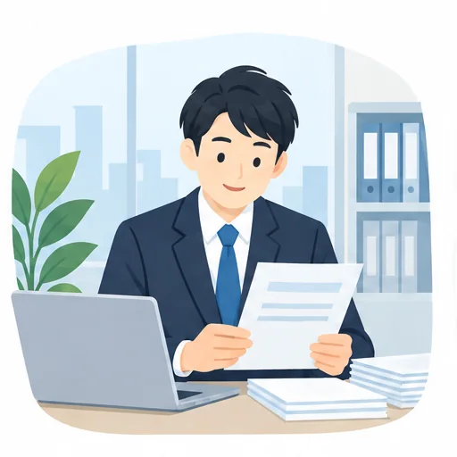 オフィスの机でノートパソコンを前に、書類を手に取って確認する会社員のイラスト