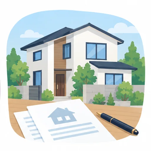二階建ての住宅の前に、家のマークが入った書類とペンが置かれたイラスト