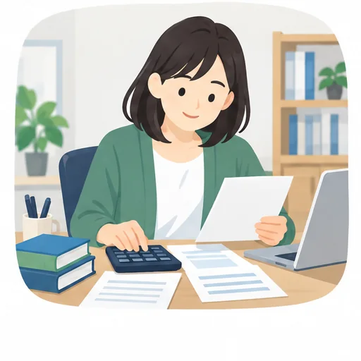 電卓をたたきながら書類を確認する女性のイラスト